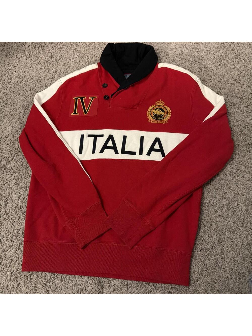 Vintage Polo Ralph Lauren Italia RL Challenge Cup Shawl Collar Rugby Shirt M Red
